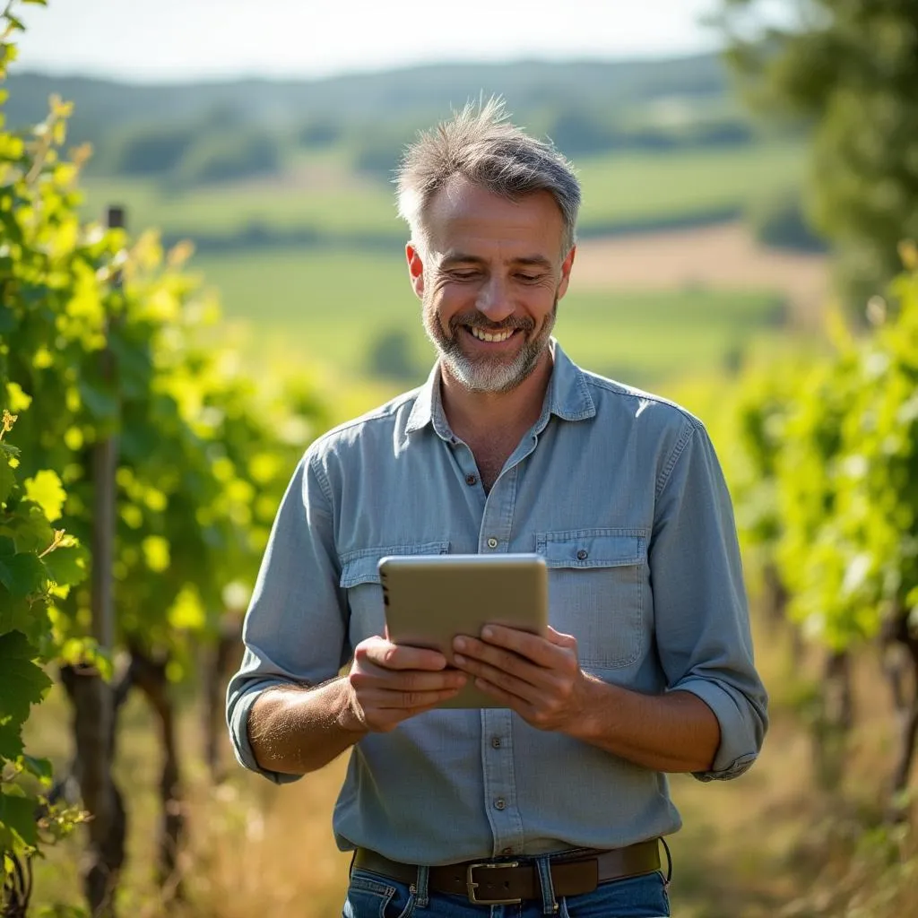 Dirigeant de PME agroalimentaire souriant devant des tableaux de bord financiers IA