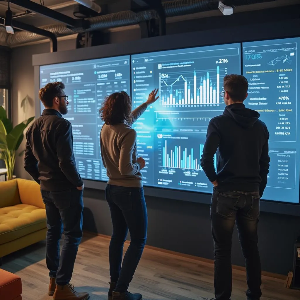 Équipe d'une startup retail tech analysant des données de ventes avec l'IA